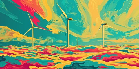 Retro Vibes: Wind Turbines with Psychedelic Art