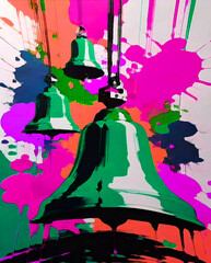 Close up of a bell on a background of pink and green paint