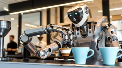 Tableau sur aluminium  Futuristic Robot Barista Brewing Coffee  © Digital_Dreamer