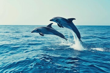 Fototapeta premium Dolphins in Midair Over Crystal Blue Waters