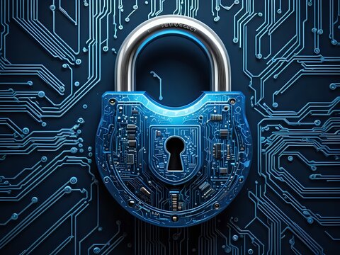 A blue padlock with circuit board design on a blue circuit board background.