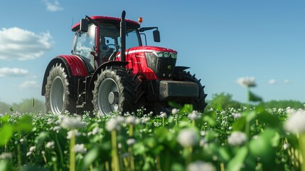 Fototapeta premium High-Tech Tractor Amidst Rolling Farmland and Clear Sky
