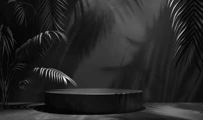 Minimal black podium mockup with concrete wall and palm tree shadow. 3D Rendering Mock up