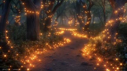Fototapeta premium Enchanted Forest: An enchanting scene of a magical forest with glowing flora, and a serene, otherworldly atmosphere.