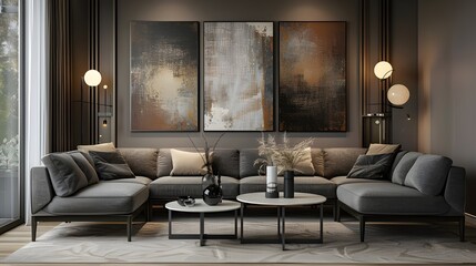 A neutral-toned living room featuring rustic metallic art that adds an industrial charm to the space, complemented by soft furnishings and a relaxed atmosphere.