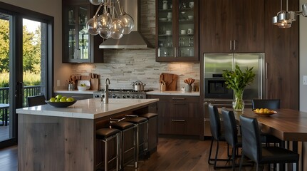 Large, contemporary white kitchen featuring top-notch appliances and a sizable island. Kitchen including a desk, wine cooler, and black leather chair,Gorgeous kitchen detail in a brand-new mansion. 