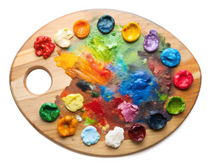 Palette of artist with fresh paint isolated on white transparent background, png element clipart