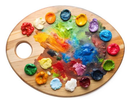 Palette of artist with fresh paint isolated on white transparent background, png element clipart