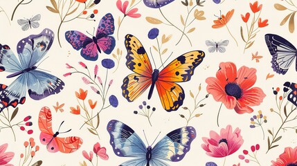 Seamless pattern of colorful butterflies fluttering among blooming flowers 