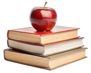 Textbooks in a stack with red apple symbolize knowledges isolated on white transparent background, png element clipart