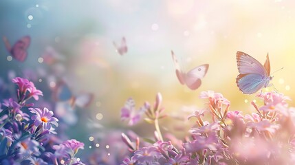 Pastel color butterflies on delicate spring flowers in a field with a space for text. Spring time. 