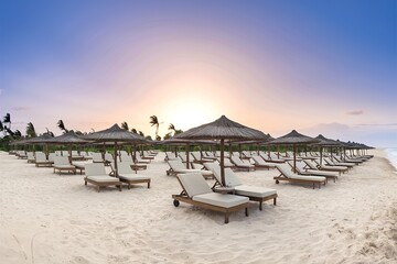 A pristine beach with multiple wooden sun loungers arranged in a row, each paired with a straw umbrella