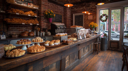 A charming vintage coffee shop with rustic wooden tables, exposed brick walls, and an assortment of pastries on display. The atmosphere is inviting and filled with nostalgic details.