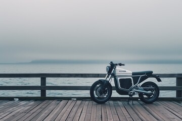 Fototapeta premium Sleek Electric Motorcycle by Still Blue Lake and Pier