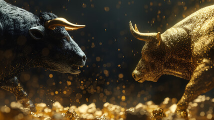 Fototapeta premium Gold and Black Bull vs Bear Financial Infographic: Features a stock market chart in gold and black, depicting the bull vs bear concept, with ample space for text placement.