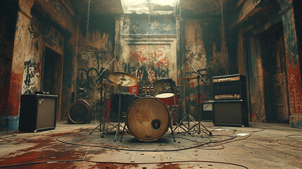 A gritty music studio with worn-out instruments, graffiti-covered walls, and dim lighting. The scene captures the raw and edgy atmosphere of an underground grunge band’s rehearsal space.