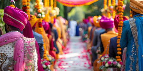 Cerimônia de casamento Sikh com turbantes vibrantes e decorações