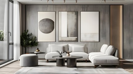 Modern living room with a neutral color palette, featuring sleek white furniture and sophisticated grey wall art, creating a clean and minimalist aesthetic.