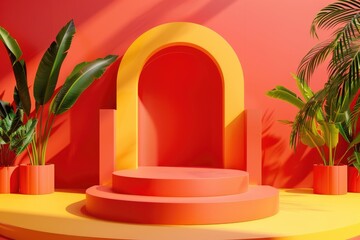 Abstract Minimalist Display with Tropical Plants and Circular Platforms