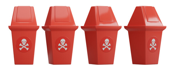 Set of 3d red bins with transparent background, hazardous trash can, isolate, PNG, 3d render, plastic bin