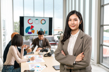 Asian business start up freelance people team analyzing statistics financial. Group Team of businesspeople man and woman Meeting Conference Discussion various topic Corporate Concept in office.