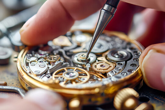 A close-up of a watchmaker's hands delicately adjusting the tiny components of a luxury wristwatch on a workbench. - Powered by Adobe