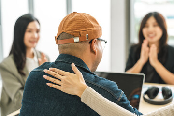 Fototapeta premium Asian business start up freelance people team analyzing statistics financial. Group Team of businesspeople man and woman Meeting Conference Discussion various topic Corporate Concept in office.
