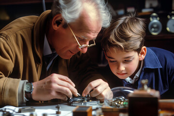 A young apprentice learning the craft of watchmaking, attentively watching as the master demonstrates how to repair a delicate wristwatch.