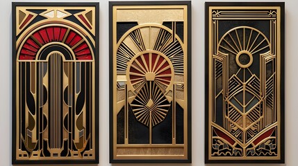 Art Deco style framed artwork with intricate geometric patterns and gold accents