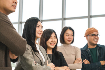 Asian business start up freelance people team analyzing statistics financial. Group Team of businesspeople man and woman Meeting Conference Discussion various topic Corporate Concept in office.