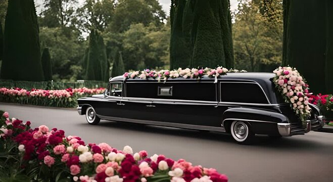 Black hearse with a coffin.