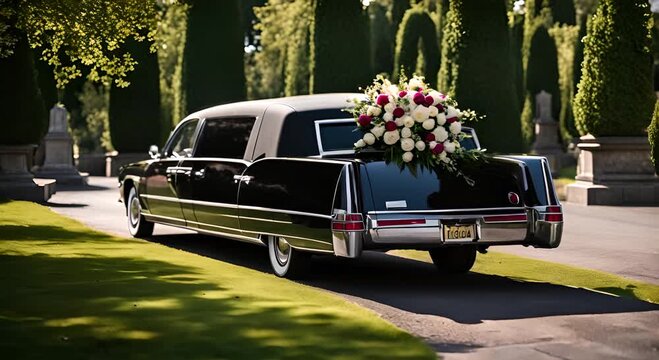 Black hearse with a coffin.