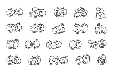 Funny couple pumpkin cartoon characters. Coloring Page. Cute food friends. Hand drawn style. Vector drawing. Collection of design elements.