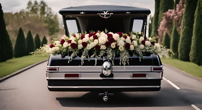 Black hearse with a coffin.