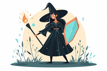 Witch casting protective spell, magical shield, flat design illustration