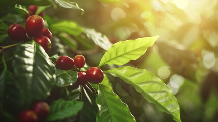 Obraz premium The Arabica coffee plant with its lush green leaves and ripening red fruit shows its natural beauty and potential as a source of caffeine 