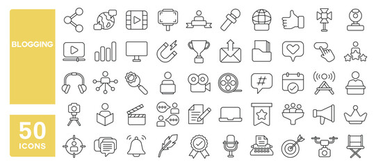 Set of 50 line icons related to blogging, content creation, influencer, vlogger, media, blogger, Editable stroke. Vector illustration