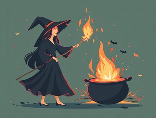 Witch casting fire spell, flaming cauldron, flat design illustration