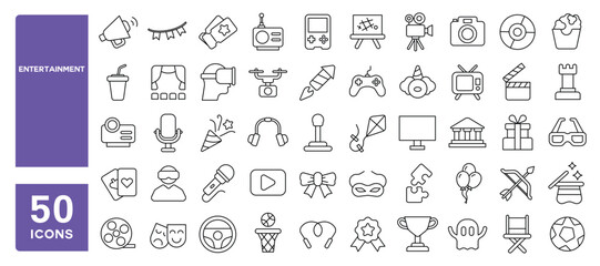 Set of 50 line icons related to entertainment, hobby, lifestyle, movie, theater, games, Editable stroke. Vector illustration