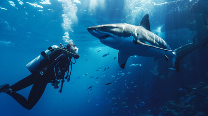 Fototapeta premium A scene of a young woman diving into a crystal clear ocean while a great white shark swims close to her.
