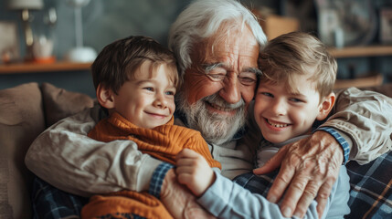Adorable moment of a grandfather hugging his two grandsons while sitting together on the sofa.