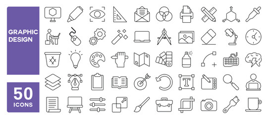 Set of 50 line icons related to graphic design, draw, creativity, sketching, illustration, palette, painting, Editable stroke. Vector illustration