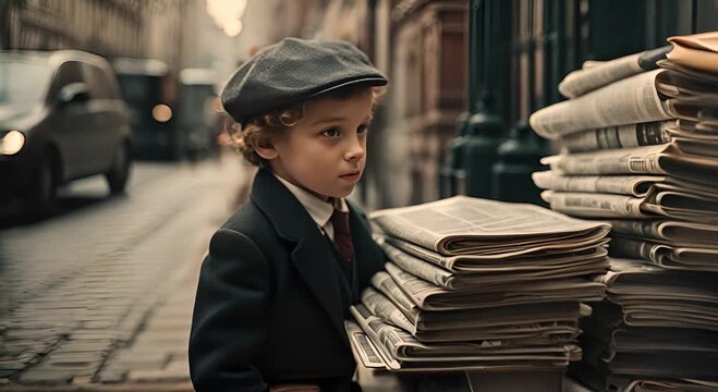 Newspaper delivery boy in the city.