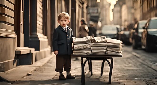 Newspaper delivery boy in the city.