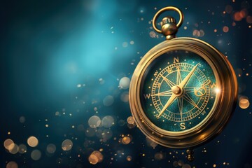 Photo of a gold compass isolated against a dark teal background with starry night elements, copy space. Travel and navigation concept.