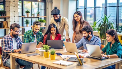 Creative agency office: Indian young designers and marketers collaborating on a project laptops open.