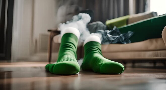 Stinky green socks giving off a bad smell.