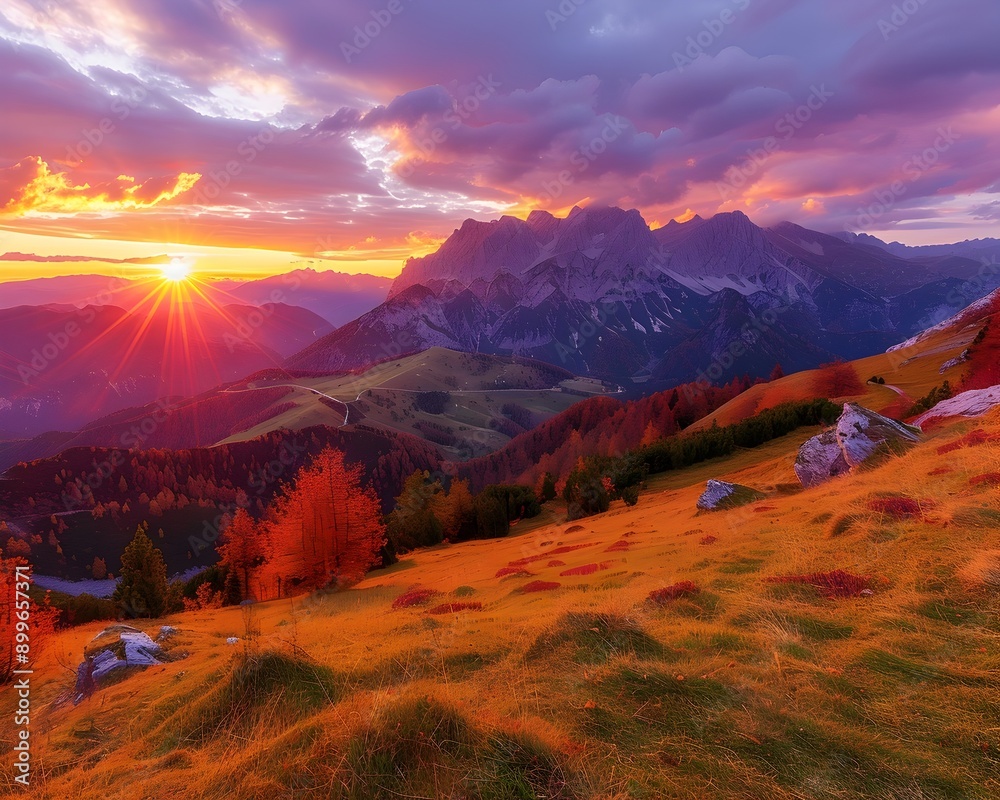 Poster Breathtaking Autumn Sunset Over Vibrant Mountain Peaks and Valleys