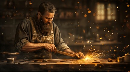 A skilled craftsman works diligently in a workshop, creating beautiful wooden pieces surrounded by sparks and warm lighting.