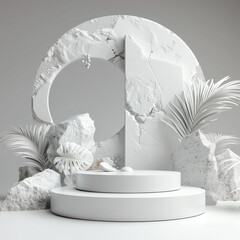 Minimalistic white background with round podiums and tropical leaves for photo and video shoots